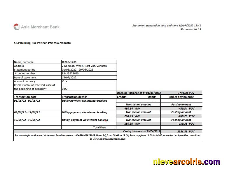 Vanuatu Asia Merchant bank statement, Excel and PDF format